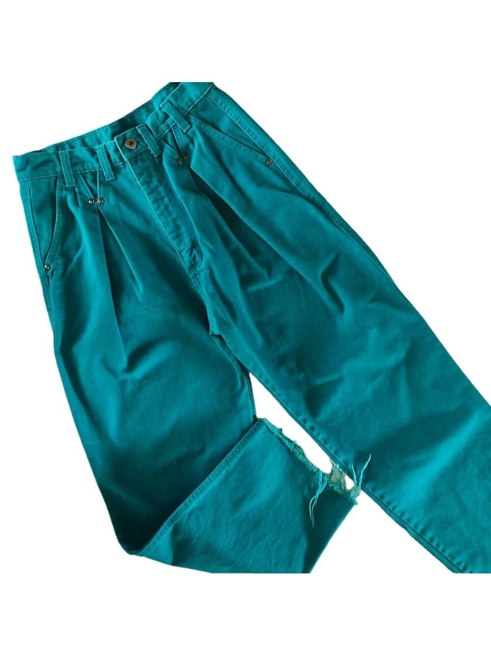 Vintage Wrangler High-Waisted Jeans pleated teal frayed hem juniors size 9